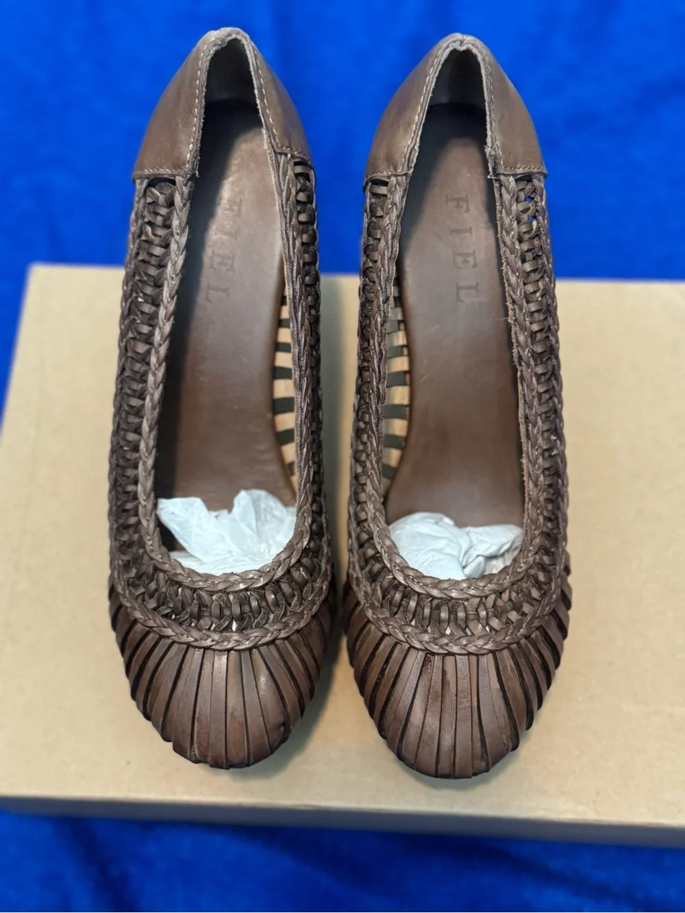 FIEL Brown Braided Leather Women's Wooden Wedges - New with Box